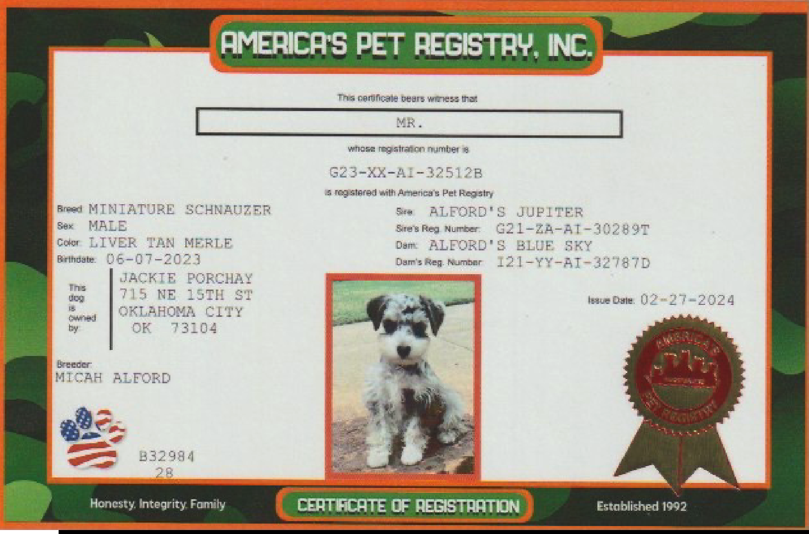 Pet Registry Certificate